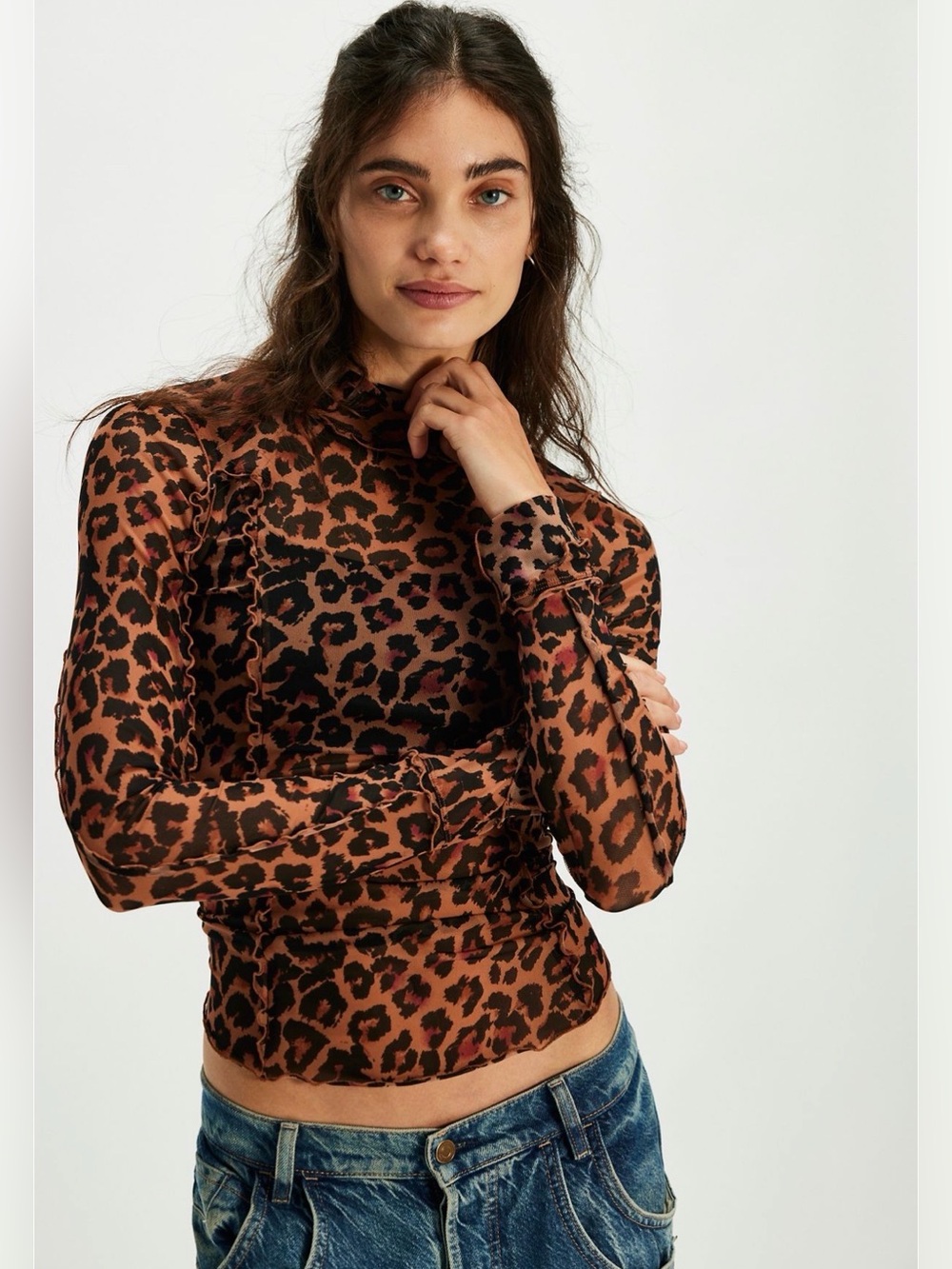 Free People Charlie printed animal print Brown Leopard Mesh Long Sleeve layering